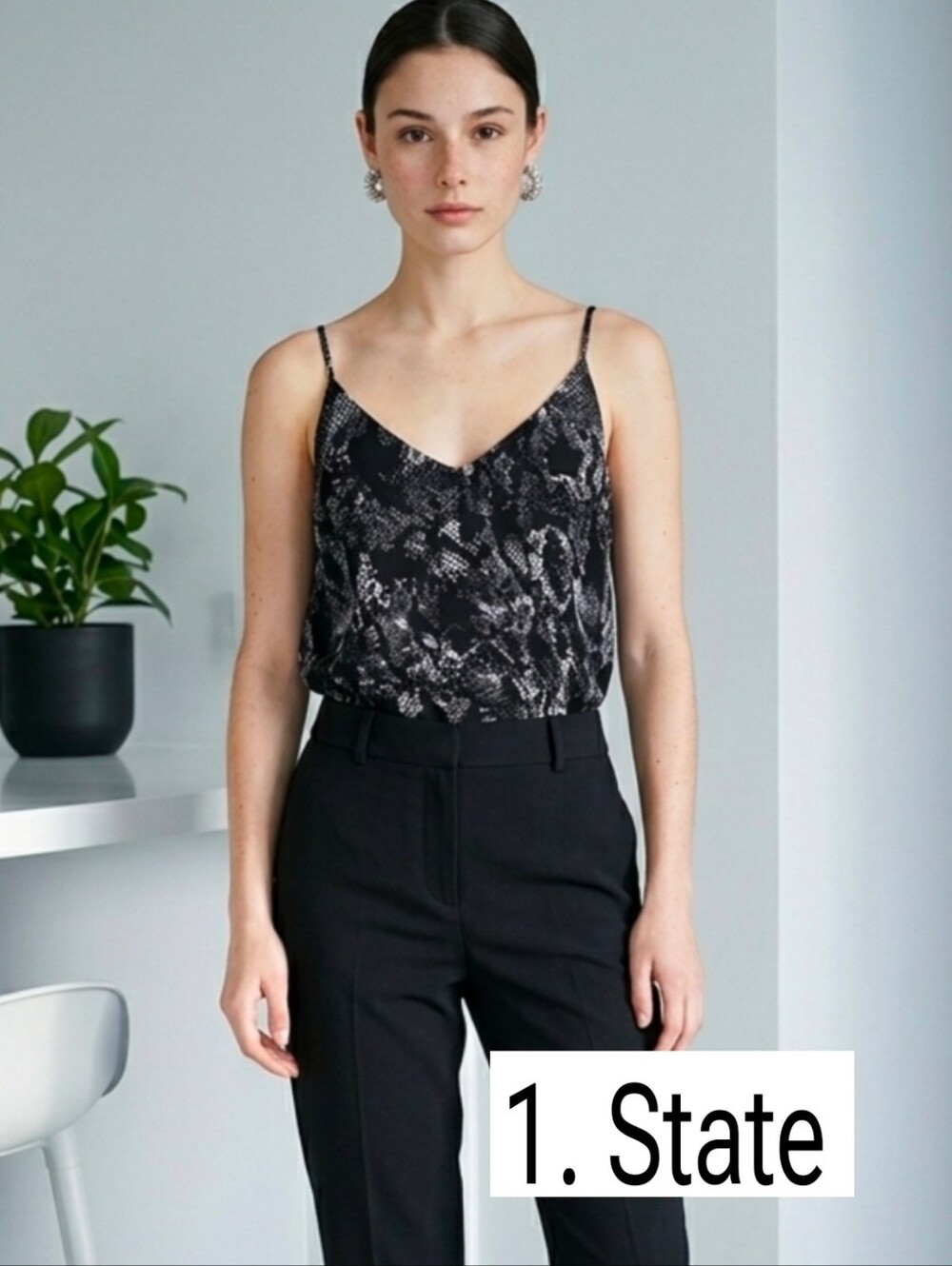 1 STATE Black Snakeskin V-Neck Cami Adjustable Straps L.
